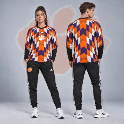 Clemson Tigers | Premium NCAA Diamond Chevron Long Sleeve Performance Shirt & Jogger Set NDN