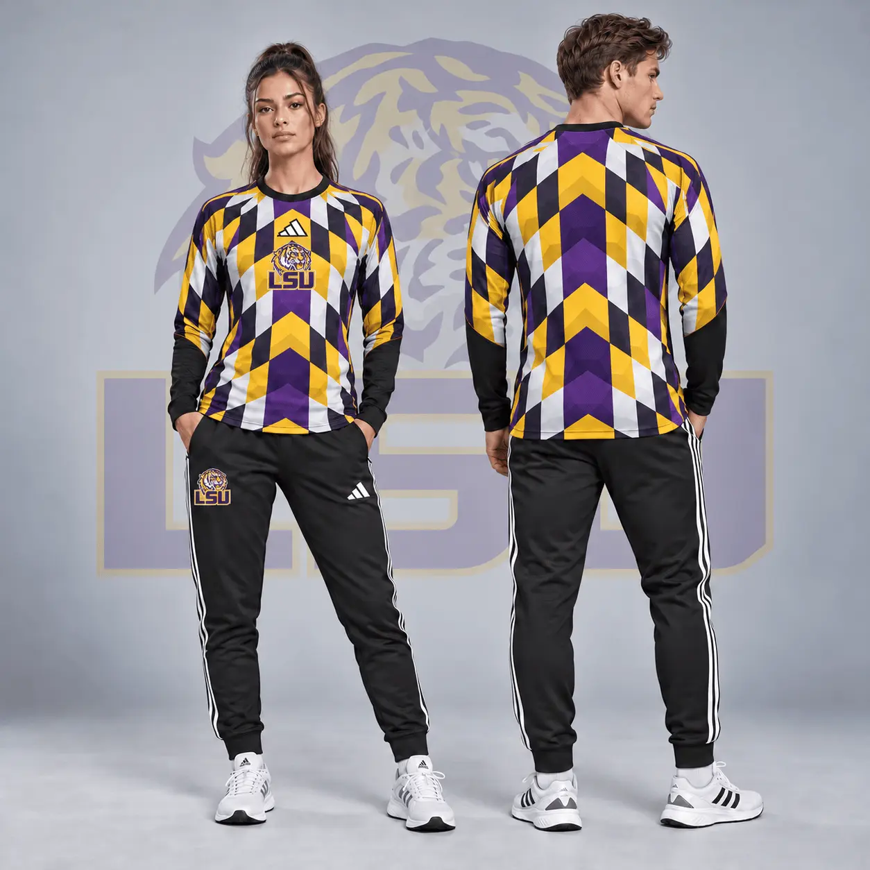 Lsu Tigers | Premium NCAA Diamond Chevron Long Sleeve Performance Shirt & Jogger Set NDN