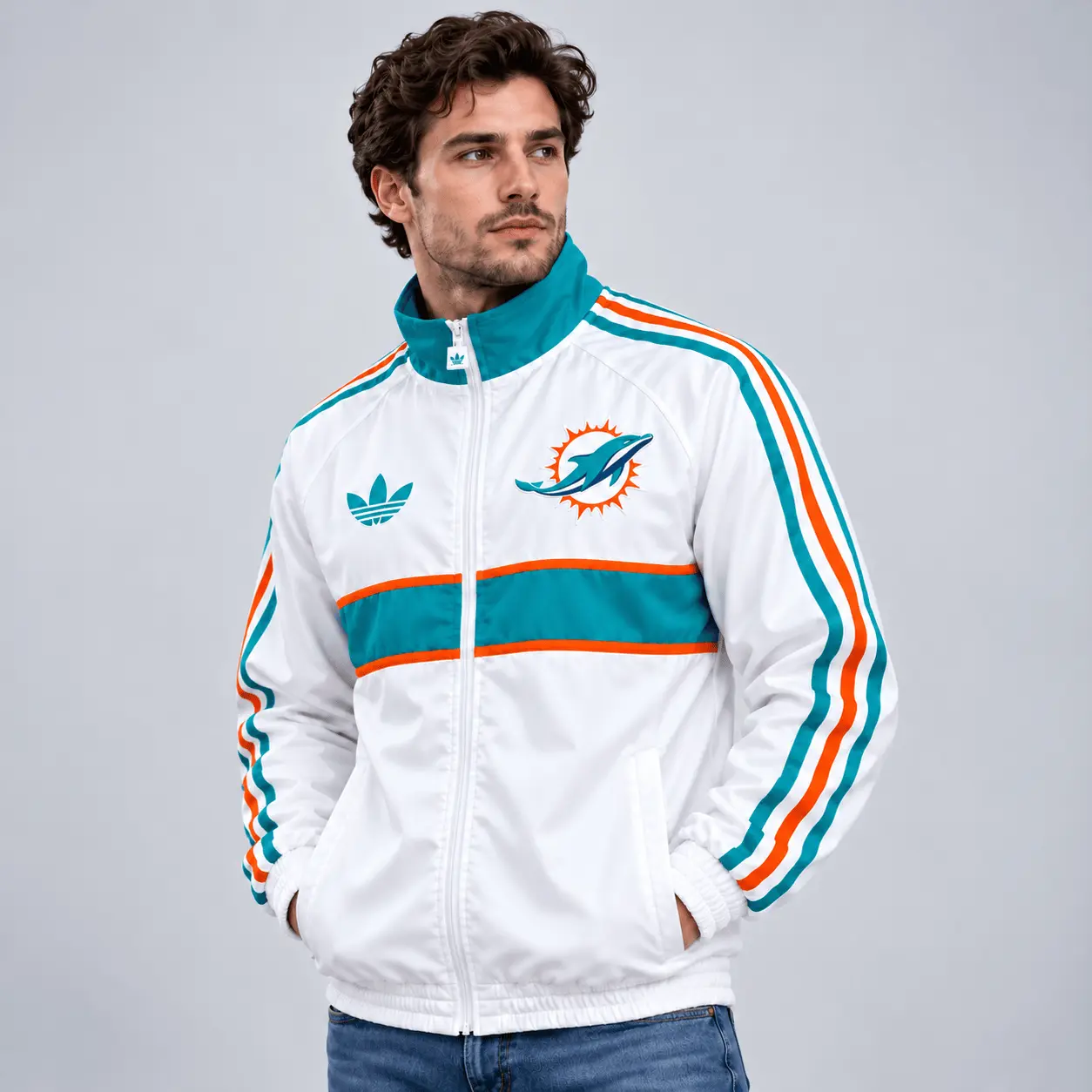 Miami Dolphins | Premium NFL Vintage Heritage Triple Stripe Full-Zip Casual Jacket TD - Image 2