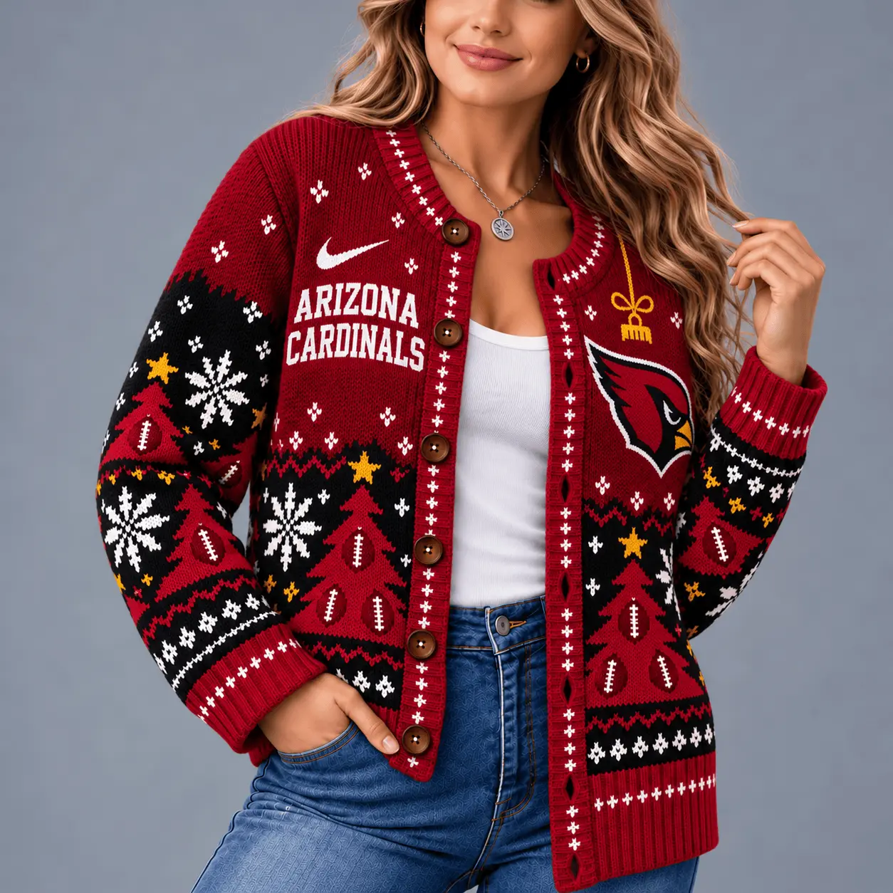 Arizona Cardinals | Premium NFL Game Day Winter Wonderland Snowflake Cardigan TD - Image 2