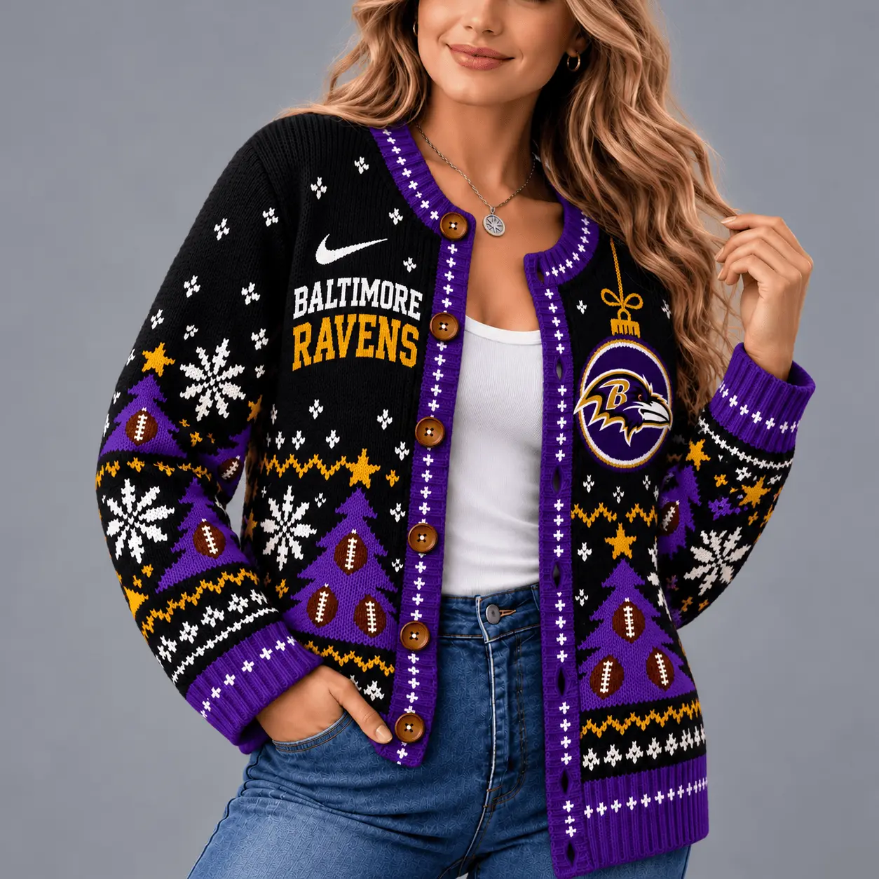 Baltimore Ravens | Premium NFL Game Day Winter Wonderland Snowflake Cardigan TD - Image 2