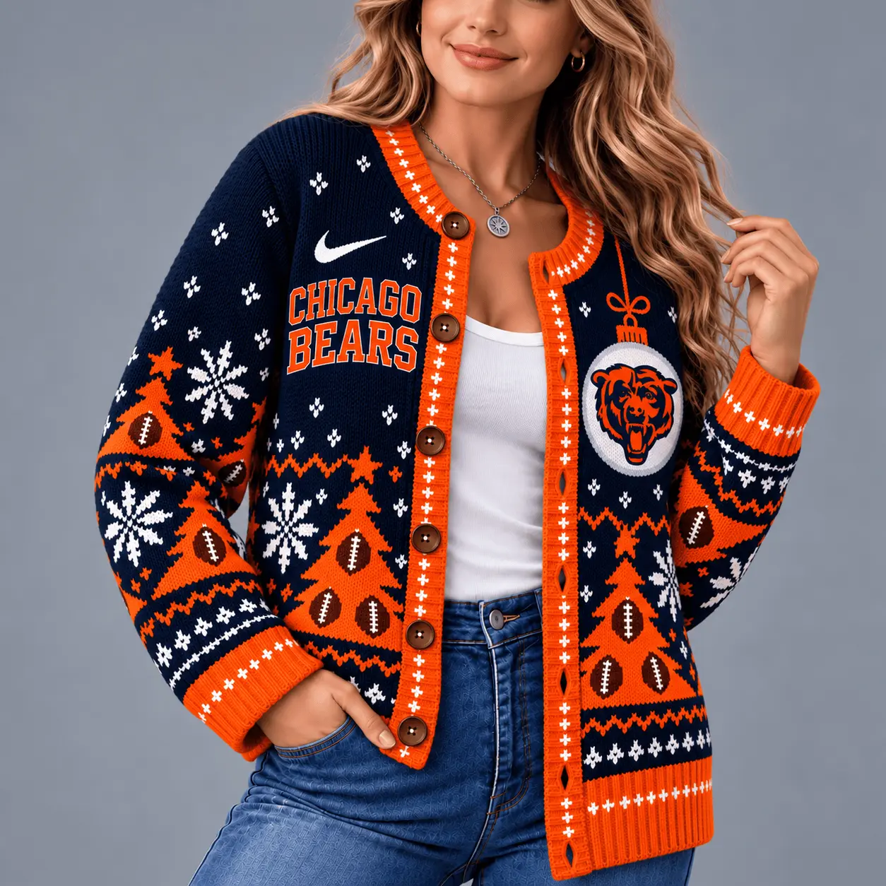 Chicago Bears | Premium NFL Game Day Winter Wonderland Snowflake Cardigan TD - Image 2