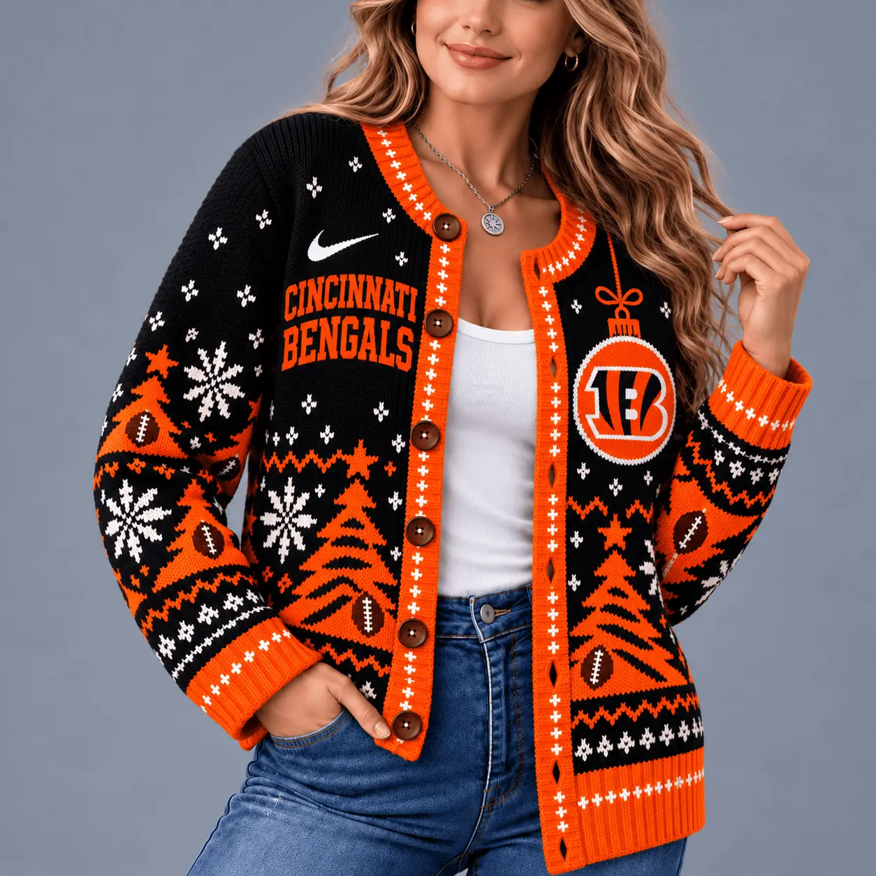 Cincinnati Bengals | Premium NFL Game Day Winter Wonderland Snowflake Cardigan TD - Image 2