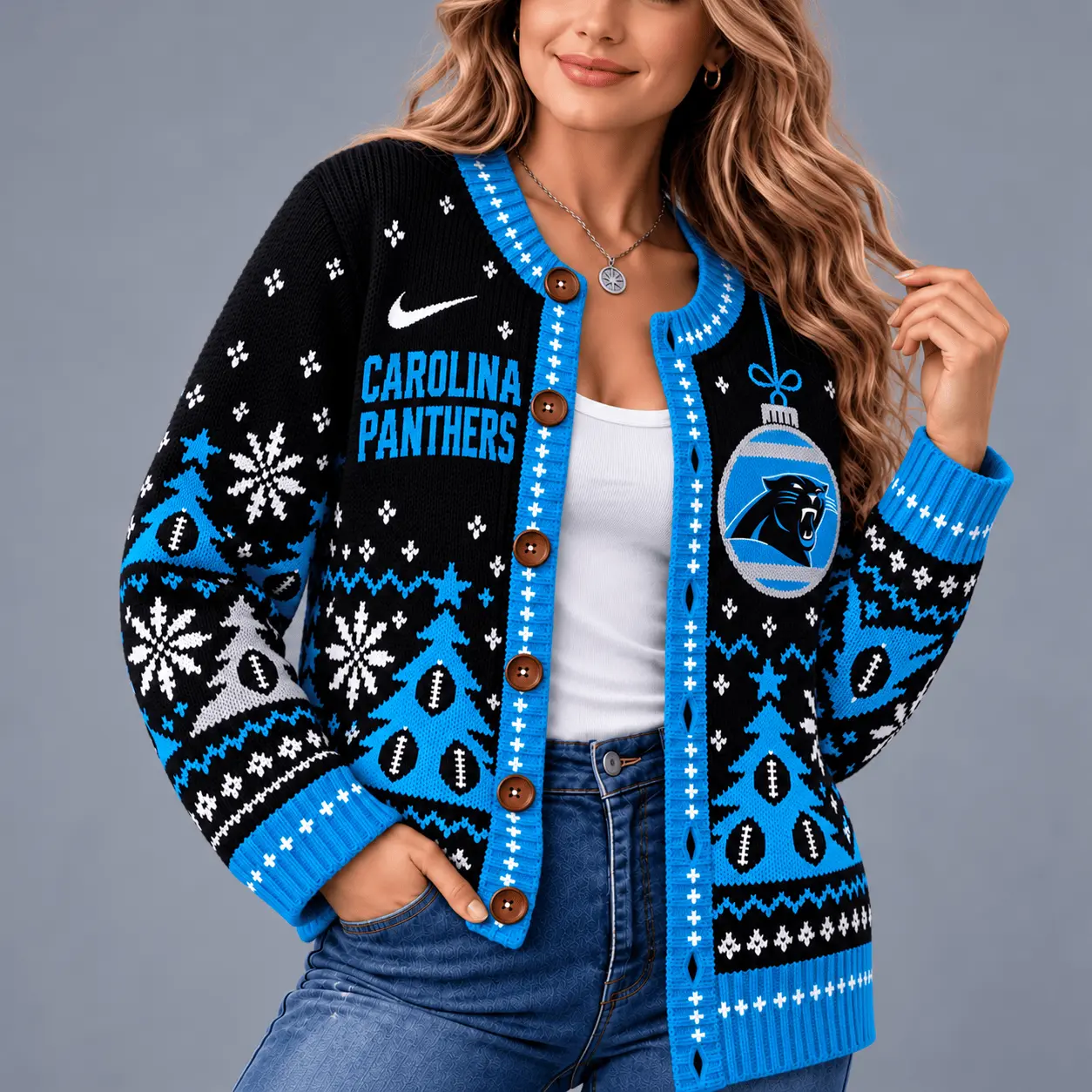 Carolina Panthers | Premium NFL Game Day Winter Wonderland Snowflake Cardigan TD - Image 2