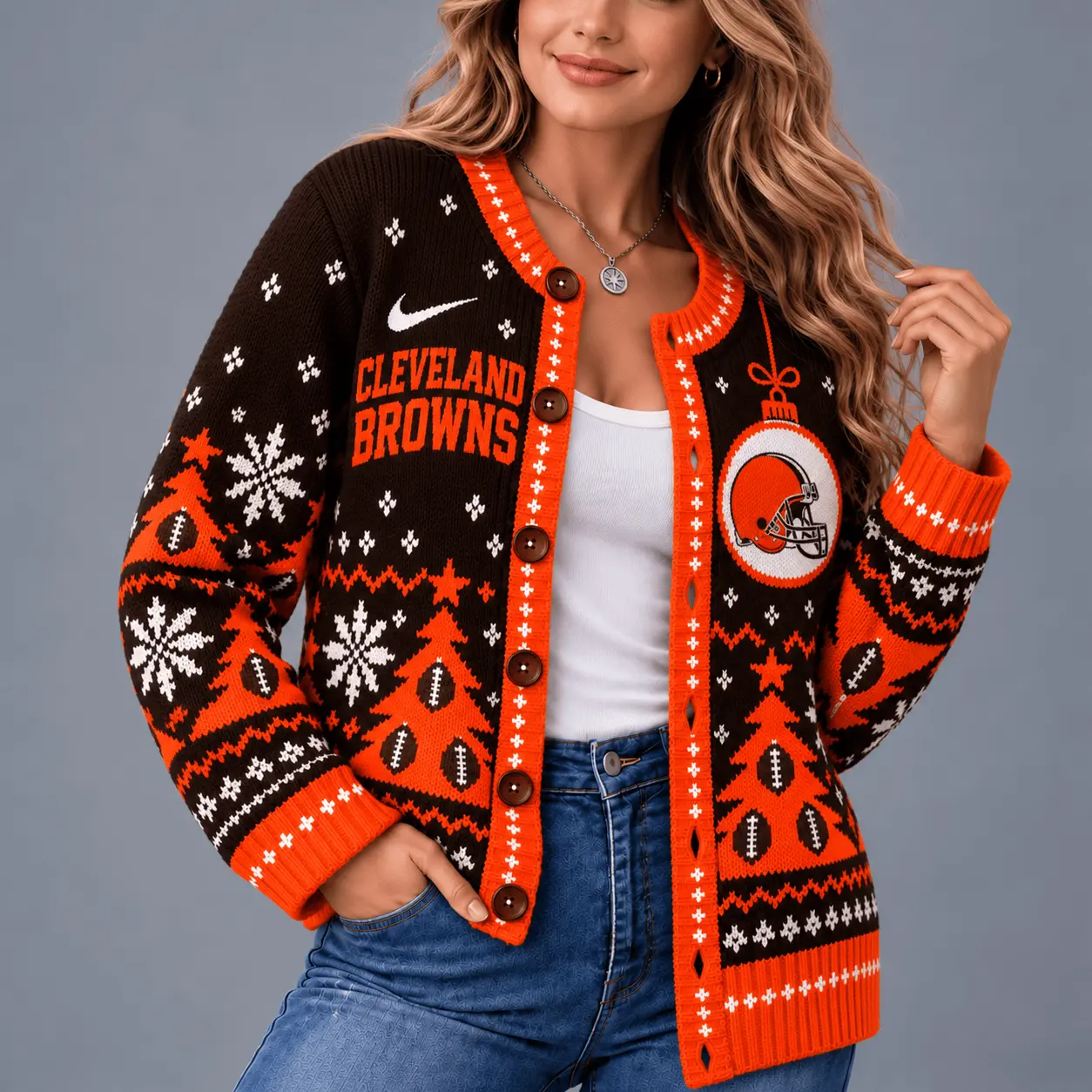 Cleveland Browns | Premium NFL Game Day Winter Wonderland Snowflake Cardigan TD - Image 2