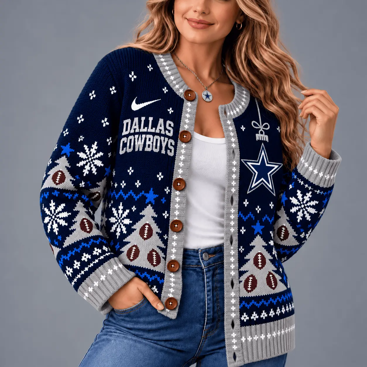 Dallas Cowboys | Premium NFL Game Day Winter Wonderland Snowflake Cardigan TD - Image 2
