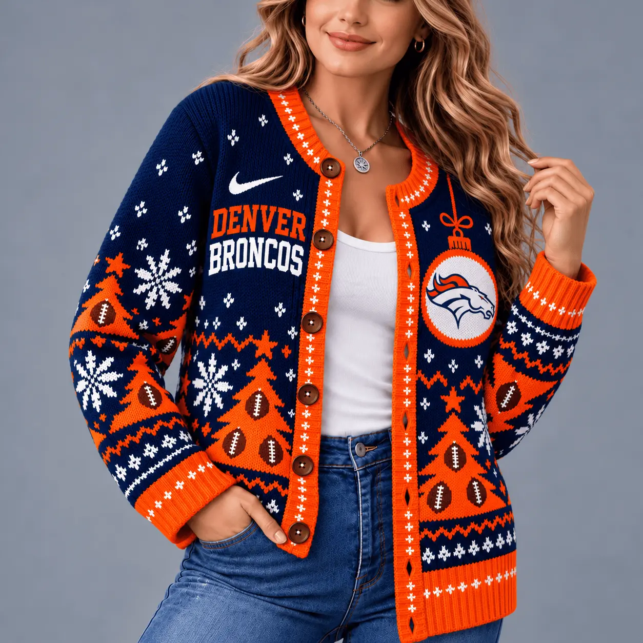 Denver Broncos | Premium NFL Game Day Winter Wonderland Snowflake Cardigan TD - Image 2