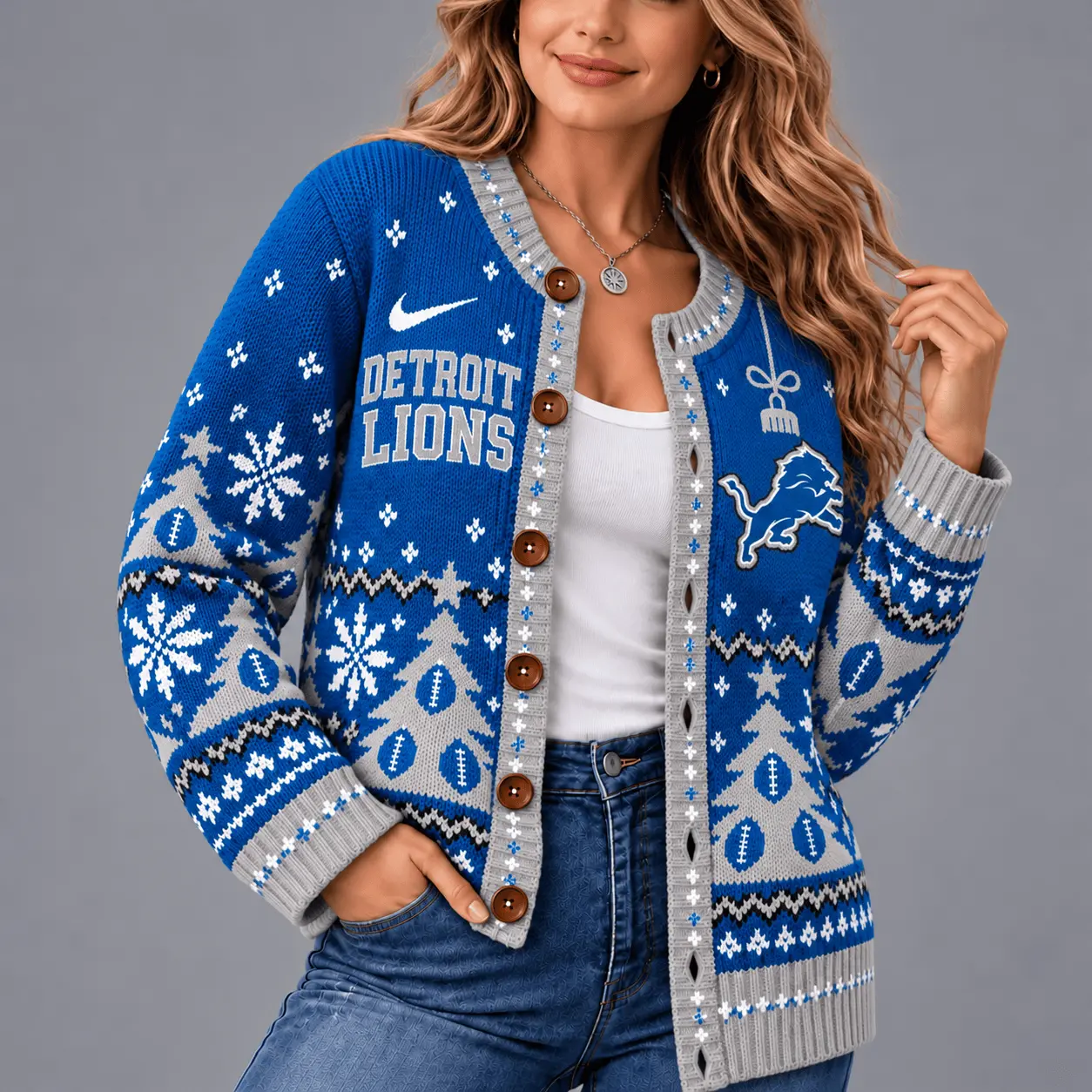 Detroit Lions | Premium NFL Game Day Winter Wonderland Snowflake Cardigan TD - Image 2