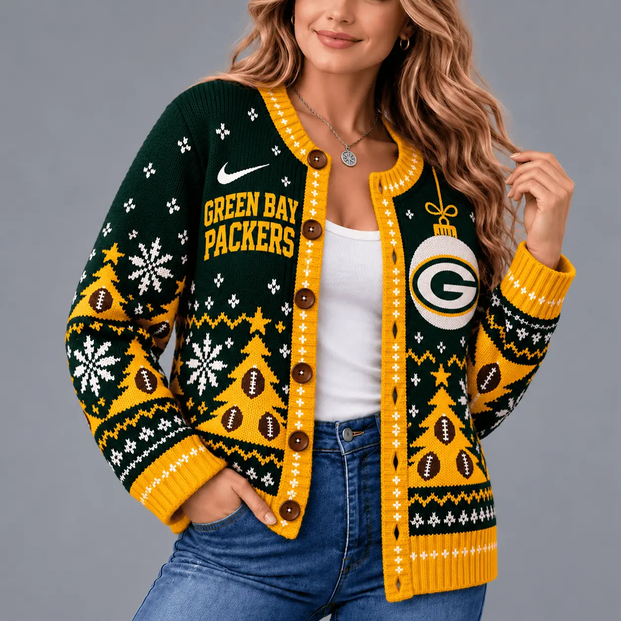 Green Bay Packers | Premium NFL Game Day Winter Wonderland Snowflake Cardigan TD - Image 2