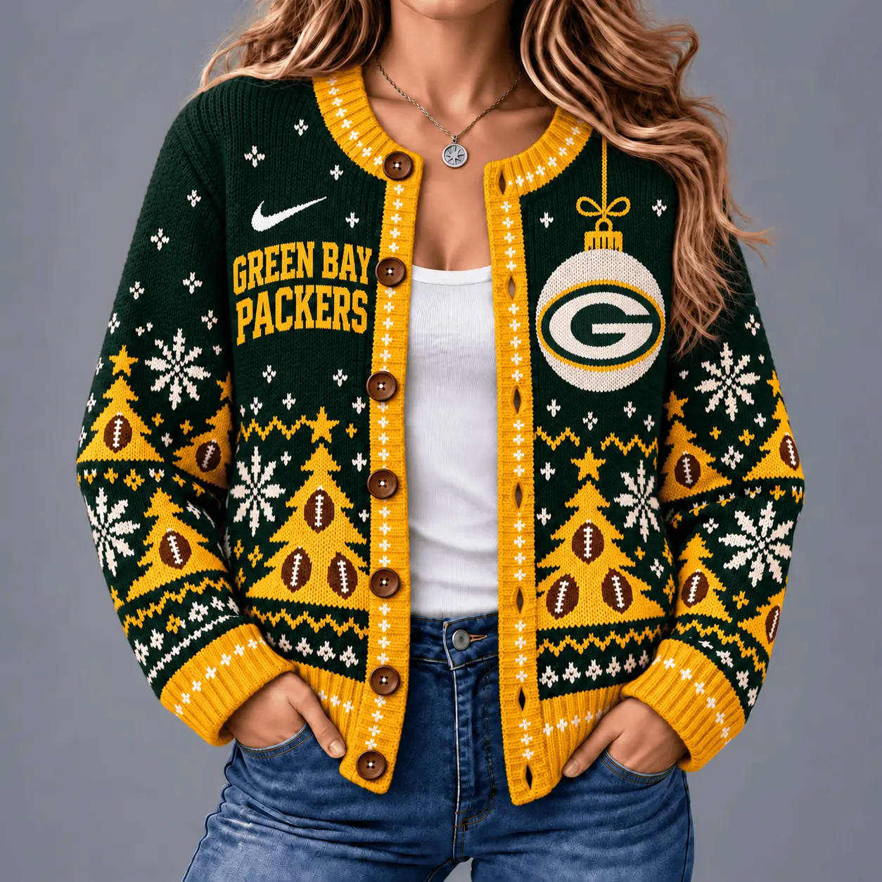 Green Bay Packers | Premium NFL Game Day Winter Wonderland Snowflake Cardigan TD