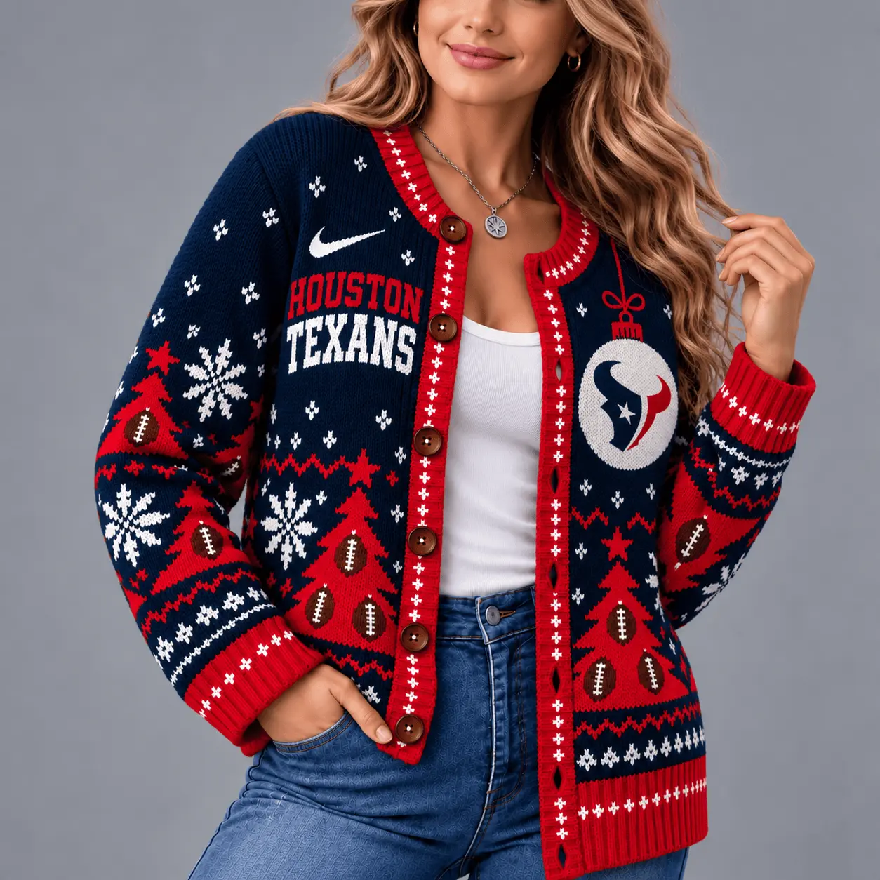 Houston Texans | Premium NFL Game Day Winter Wonderland Snowflake Cardigan TD - Image 2