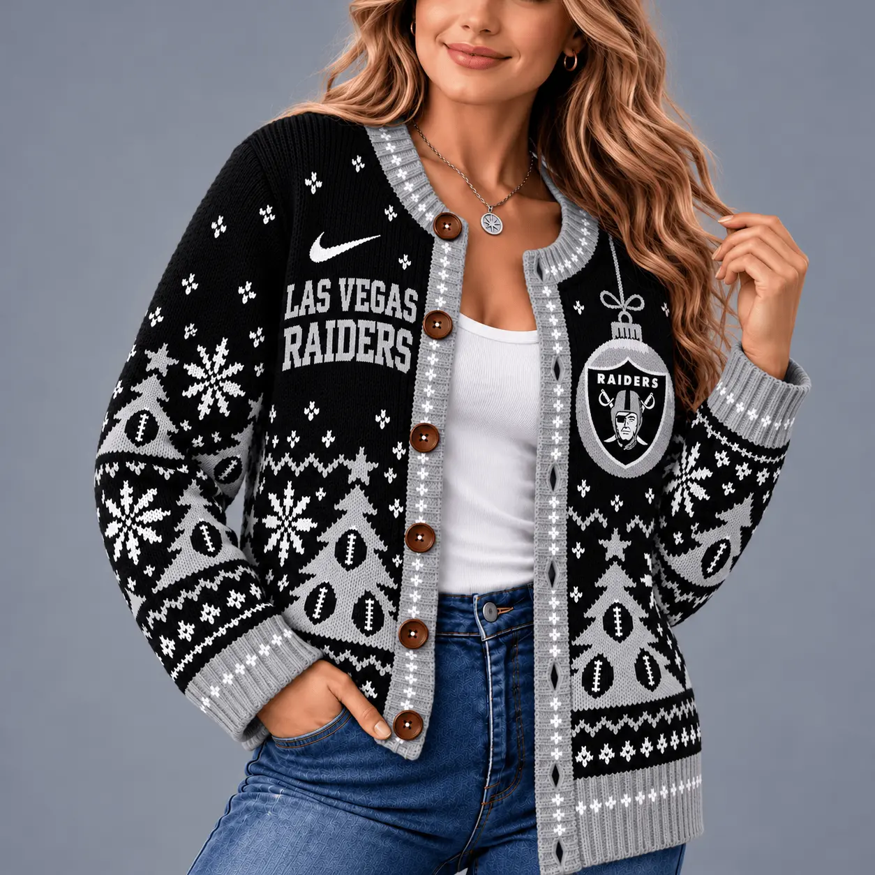 Las Vegas Raiders | Premium NFL Game Day Winter Wonderland Snowflake Cardigan TD - Image 2