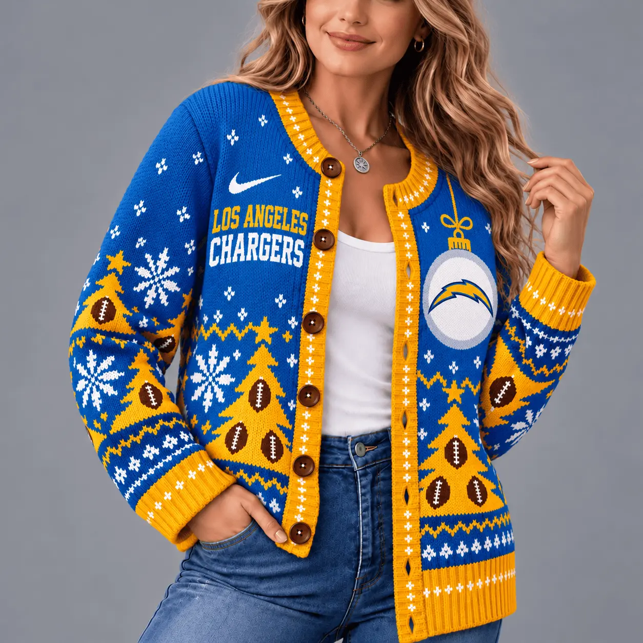 Los Angeles Chargers | Premium NFL Game Day Winter Wonderland Snowflake Cardigan TD - Image 2