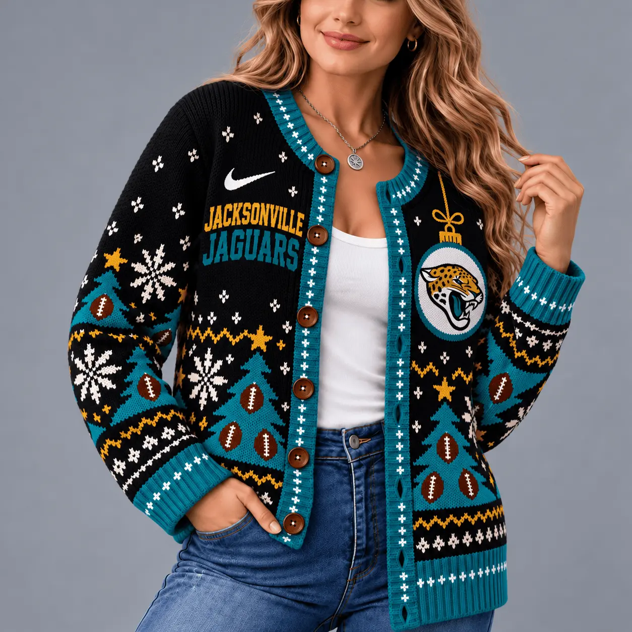 Jacksonville Jaguars | Premium NFL Game Day Winter Wonderland Snowflake Cardigan TD - Image 2