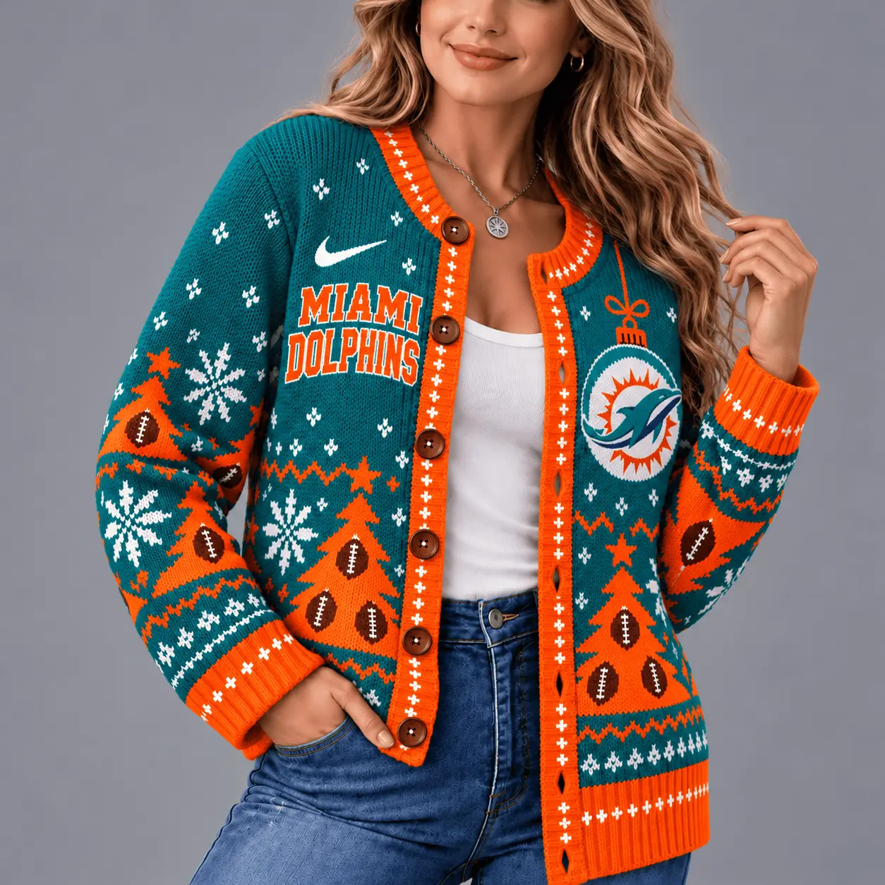 Miami Dolphins | Premium NFL Game Day Winter Wonderland Snowflake Cardigan TD - Image 2
