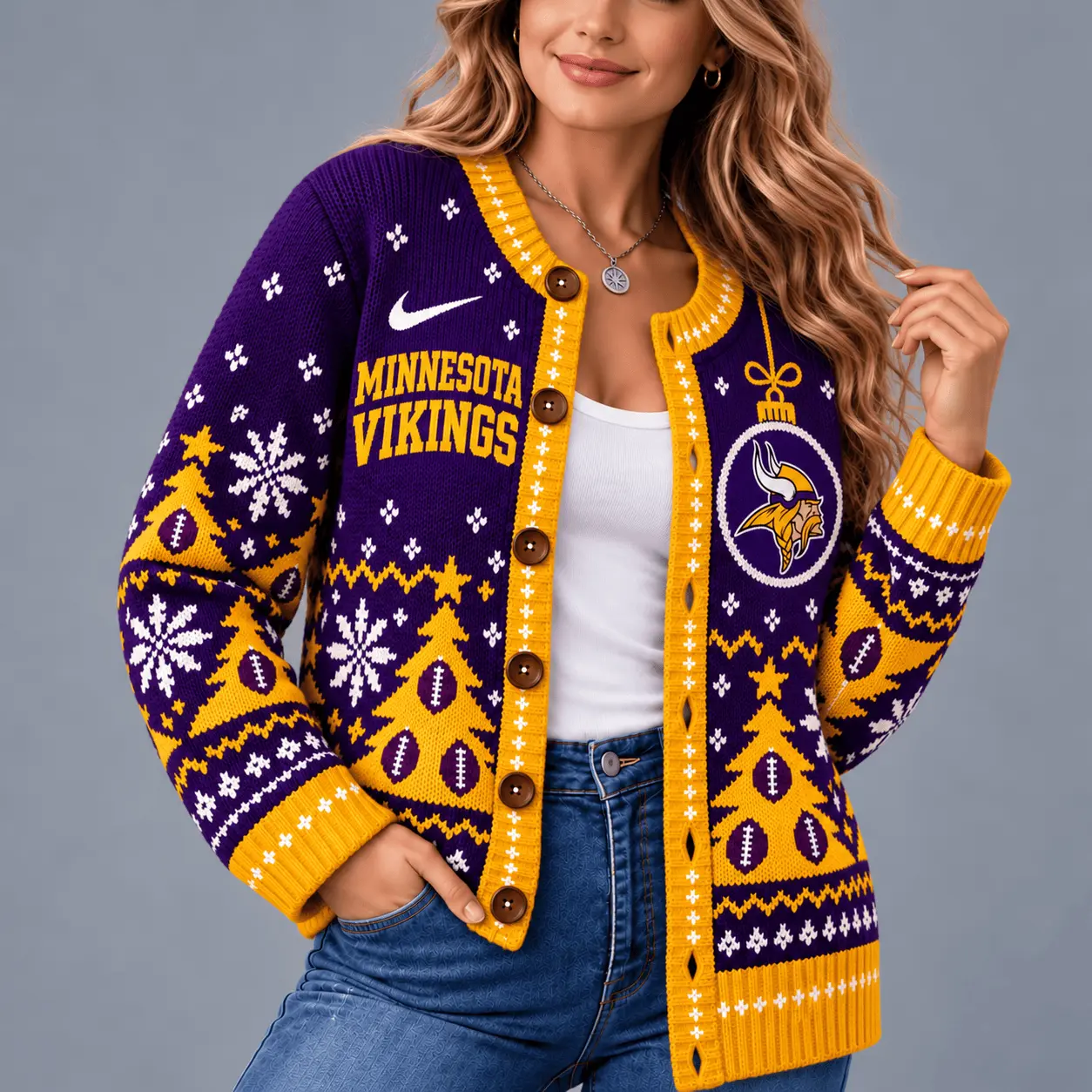 Minnesota Vikings | Premium NFL Game Day Winter Wonderland Snowflake Cardigan TD - Image 2