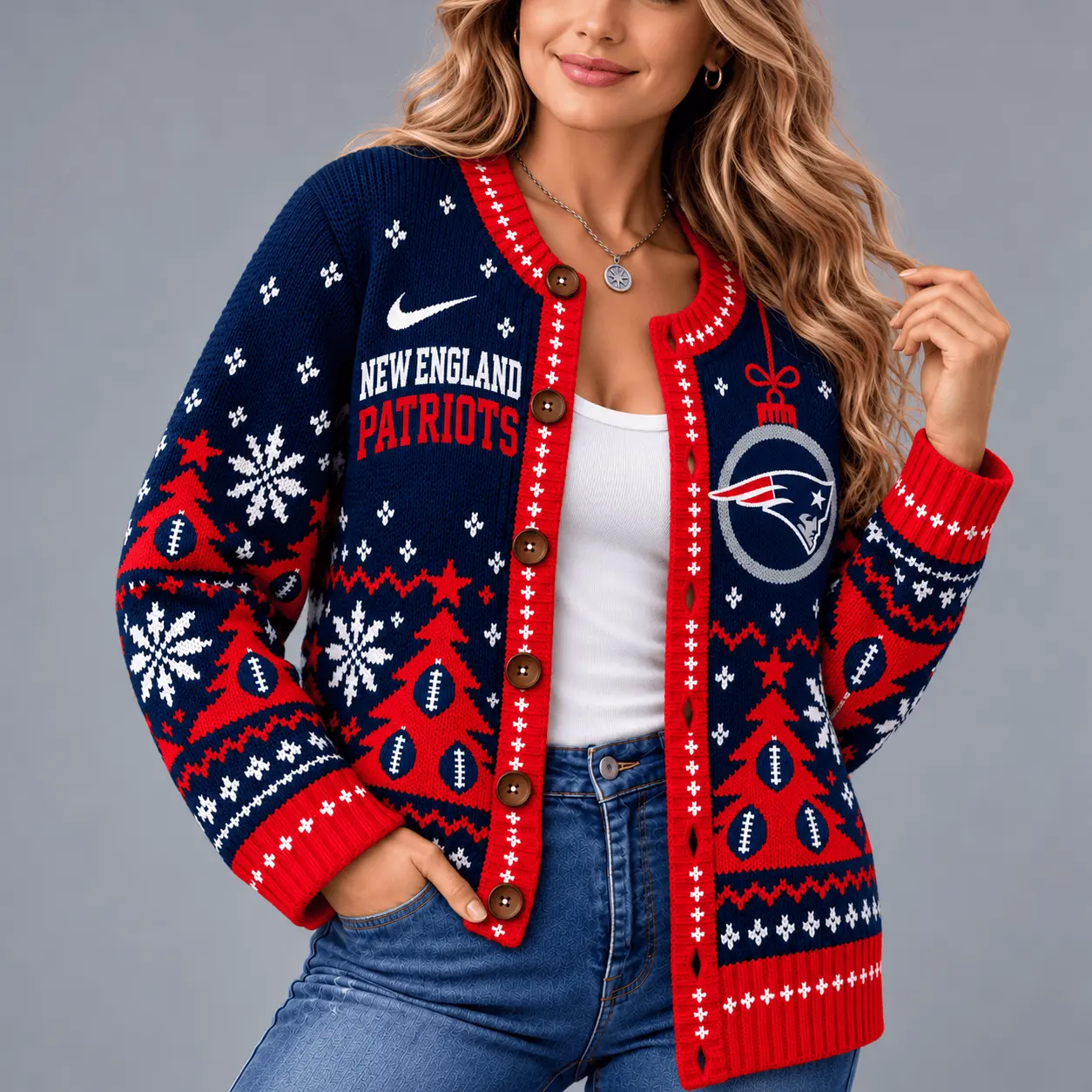 New England Patriots | Premium NFL Game Day Winter Wonderland Snowflake Cardigan TD - Image 2