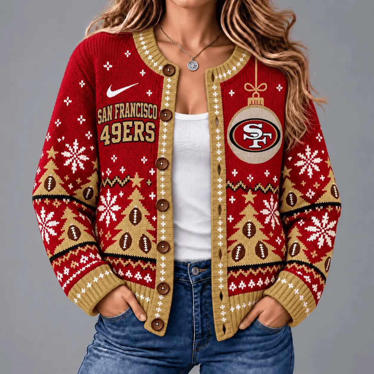 San Francisco 49ers | Premium NFL Game Day Winter Wonderland Snowflake Cardigan TD