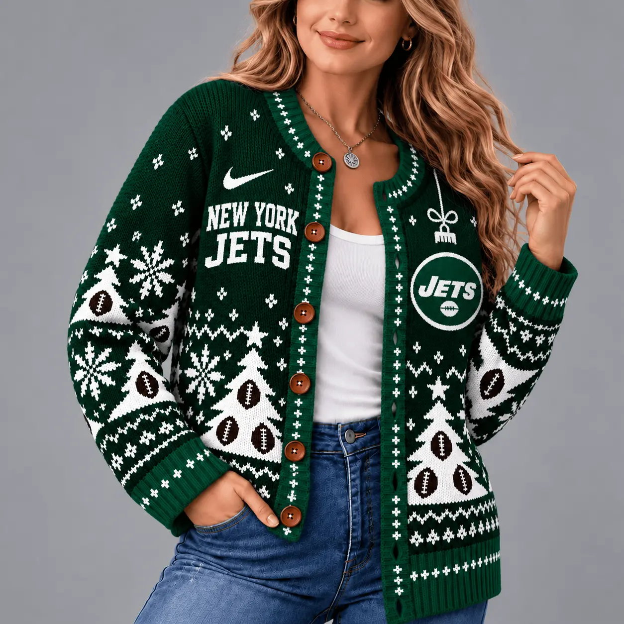 New York Jets | Premium NFL Game Day Winter Wonderland Snowflake Cardigan TD - Image 2