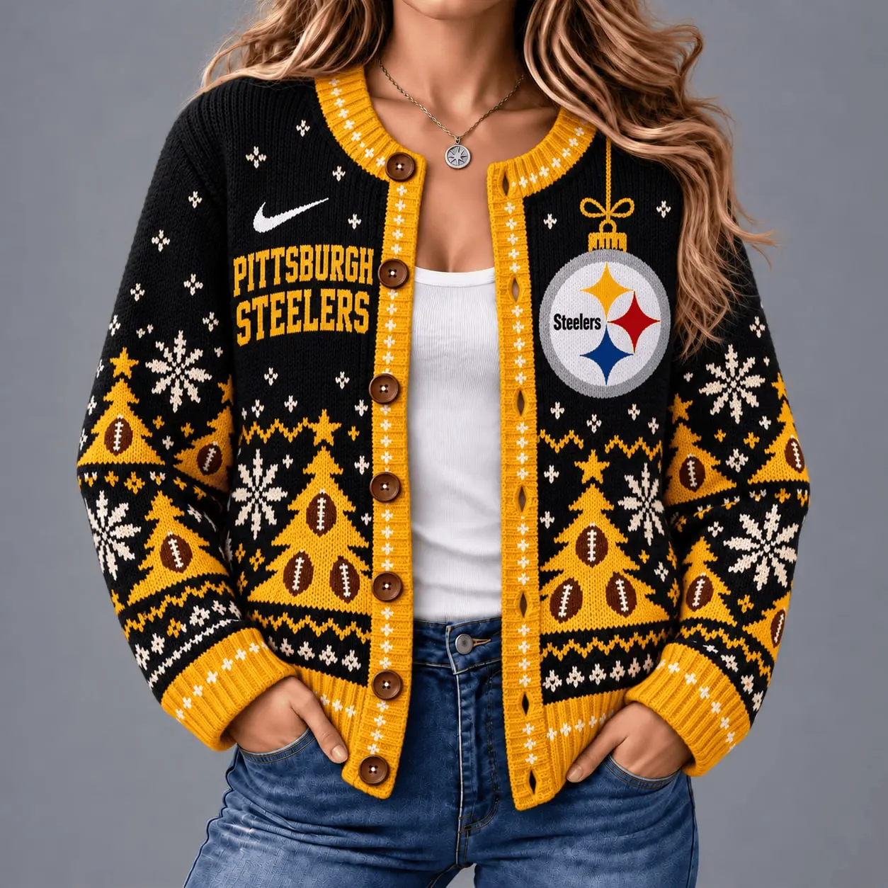 Pittsburgh Steelers | Premium NFL Game Day Winter Wonderland Snowflake Cardigan TD