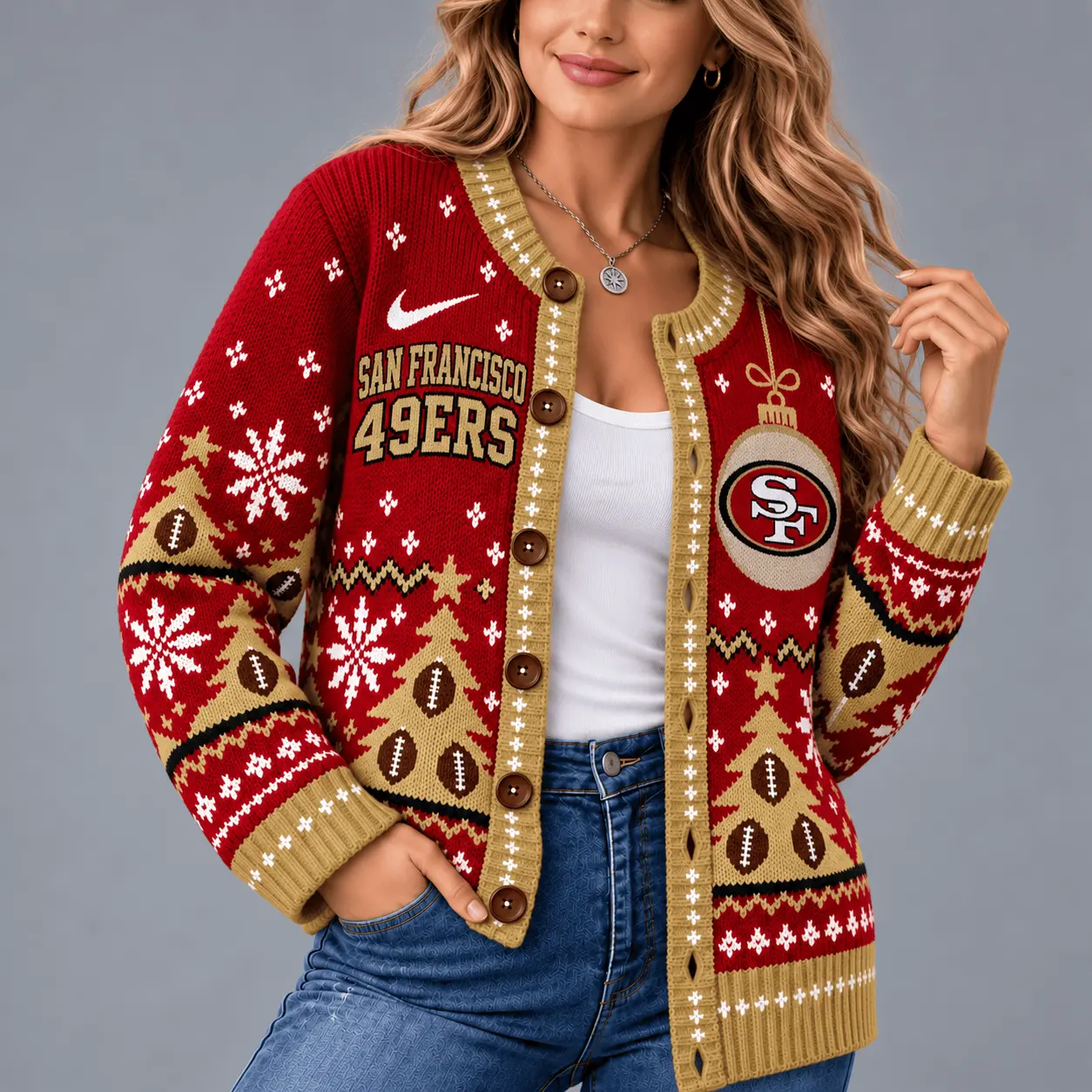 San Francisco 49ers | Premium NFL Game Day Winter Wonderland Snowflake Cardigan TD - Image 2
