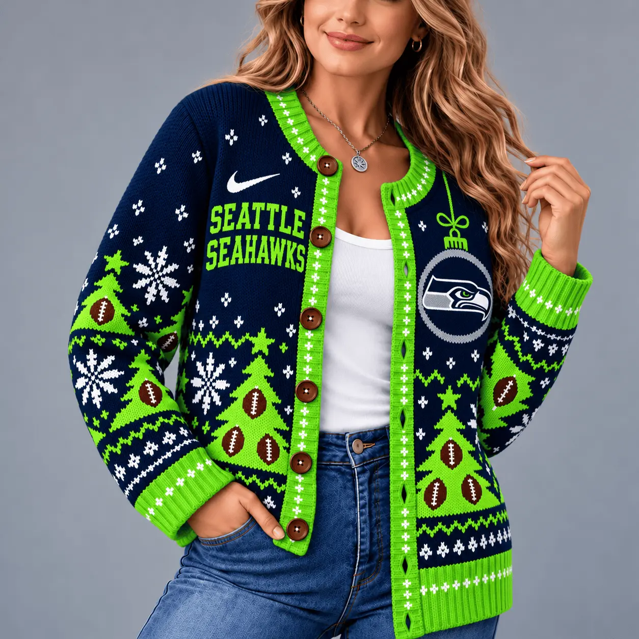 Seattle Seahawks | Premium NFL Game Day Winter Wonderland Snowflake Cardigan TD - Image 2