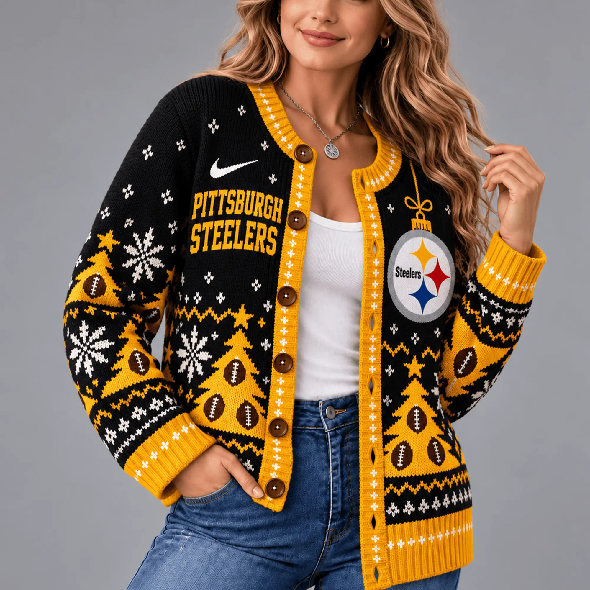 Pittsburgh Steelers | Premium NFL Game Day Winter Wonderland Snowflake Cardigan TD - Image 2