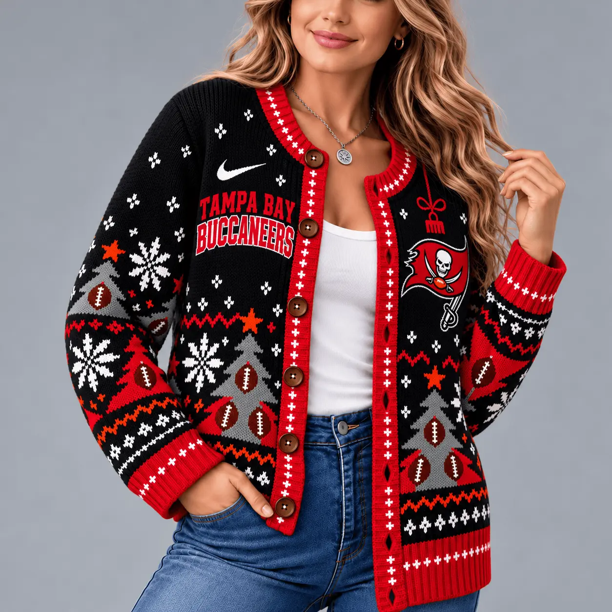 Tampa Bay Buccaneers | Premium NFL Game Day Winter Wonderland Snowflake Cardigan TD - Image 2