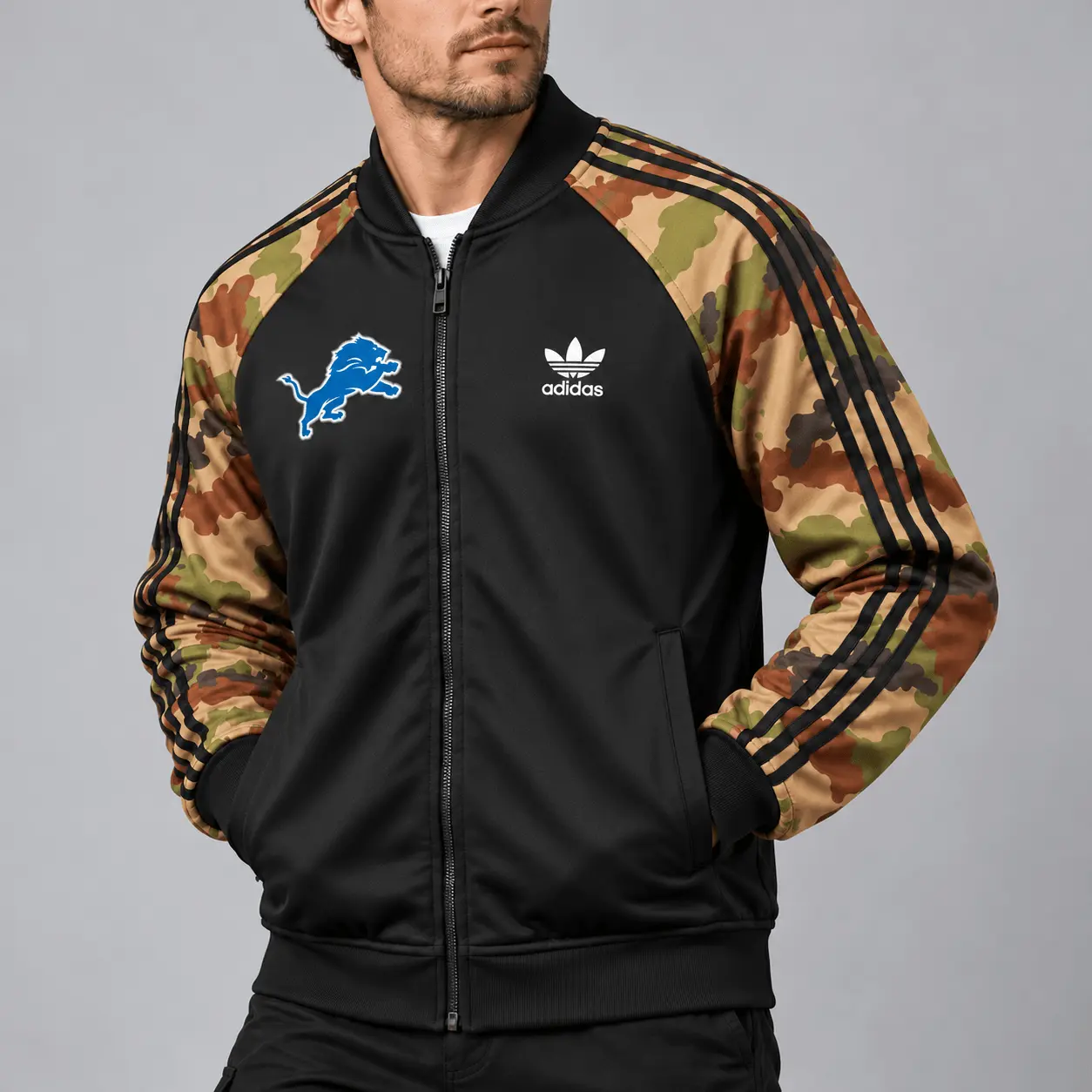 Detroit Lions | Premium NFL Army Camo Baseball Jacket TD - Image 2