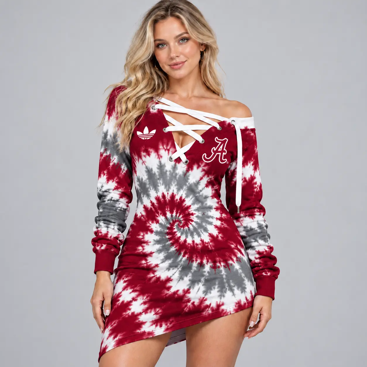 Alabama Crimson Tide | Premium NCAA Women's Tie Dye Off Shoulder Lace Up V Neck Long Sleeve Mini Dress NDN