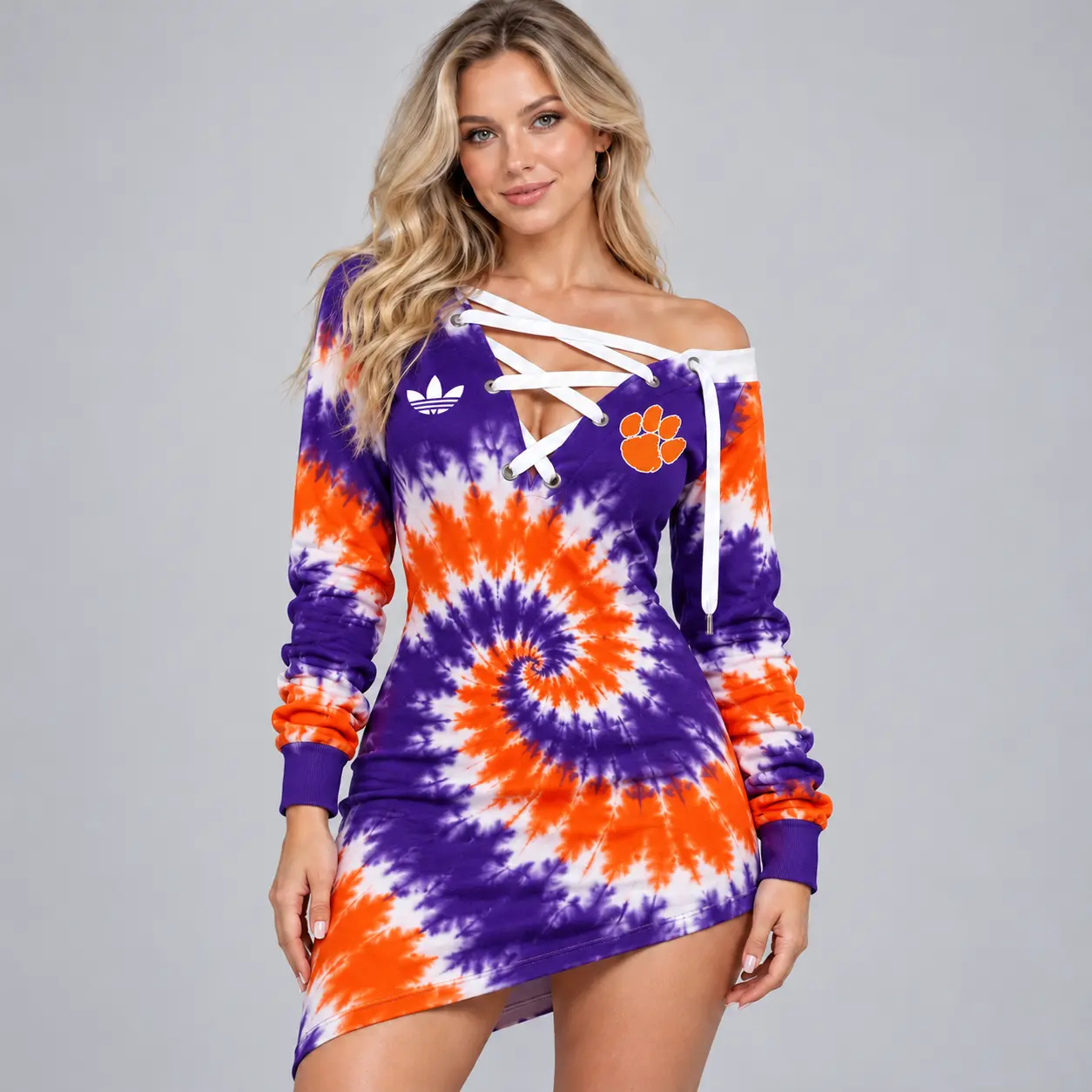 Clemson Tigers | Premium NCAA Women's Tie Dye Off Shoulder Lace Up V Neck Long Sleeve Mini Dress NDN