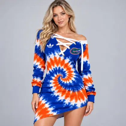 Florida Gators | Premium NCAA Women's Tie Dye Off Shoulder Lace Up V Neck Long Sleeve Mini Dress NDN