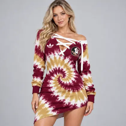 Florida State Seminoles | Premium NCAA Women's Tie Dye Off Shoulder Lace Up V Neck Long Sleeve Mini Dress NDN
