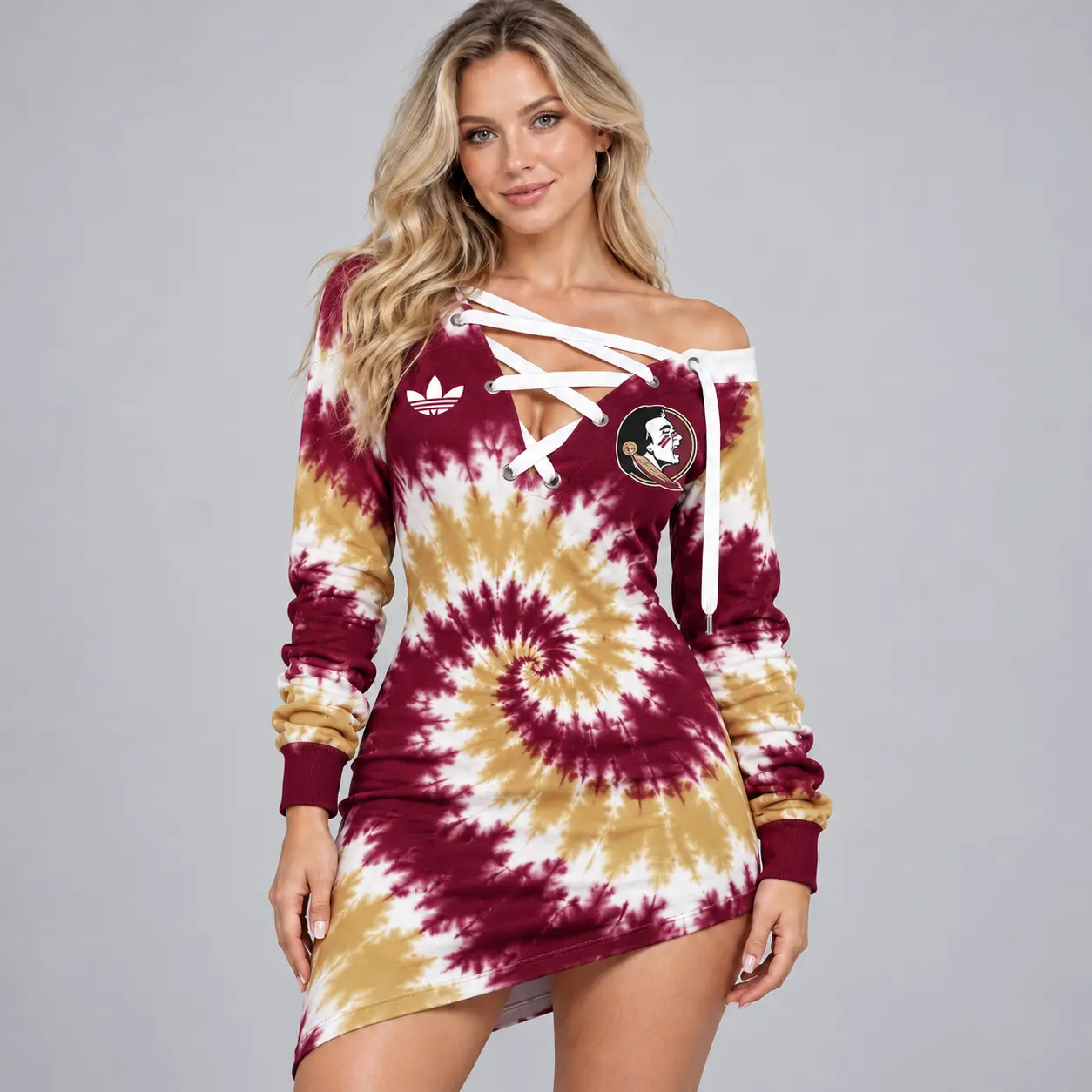 Florida State Seminoles | Premium NCAA Women's Tie Dye Off Shoulder Lace Up V Neck Long Sleeve Mini Dress NDN