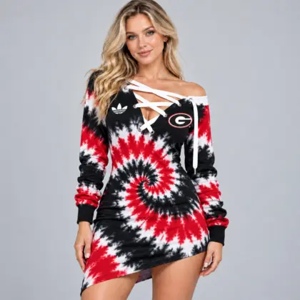 Georgia Bulldogs | Premium NCAA Women's Tie Dye Off Shoulder Lace Up V Neck Long Sleeve Mini Dress NDN