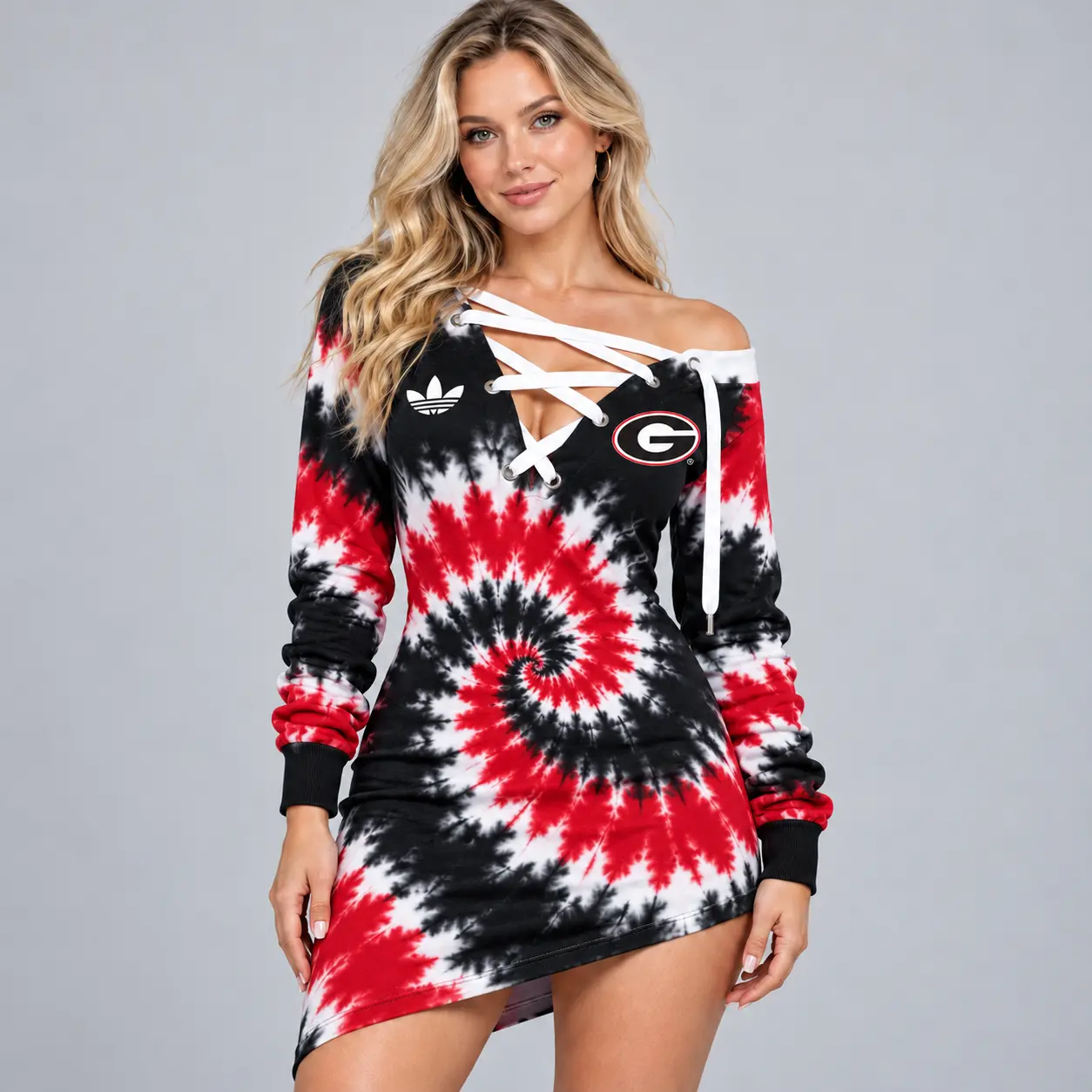 Georgia Bulldogs | Premium NCAA Women's Tie Dye Off Shoulder Lace Up V Neck Long Sleeve Mini Dress NDN