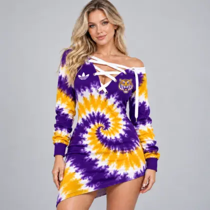 Lsu Tigers | Premium NCAA Women's Tie Dye Off Shoulder Lace Up V Neck Long Sleeve Mini Dress NDN