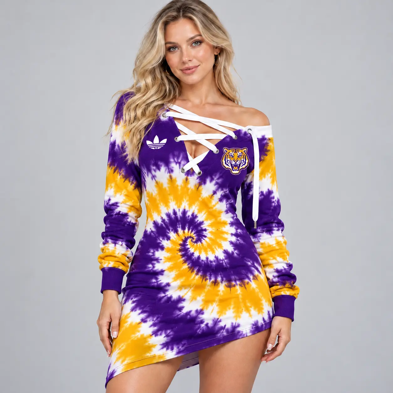 Lsu Tigers | Premium NCAA Women's Tie Dye Off Shoulder Lace Up V Neck Long Sleeve Mini Dress NDN