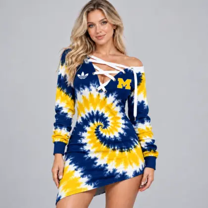 Michigan Wolverines | Premium NCAA Women's Tie Dye Off Shoulder Lace Up V Neck Long Sleeve Mini Dress NDN