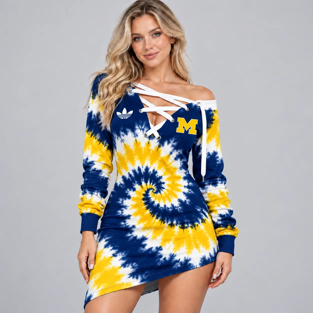 Michigan Wolverines | Premium NCAA Women's Tie Dye Off Shoulder Lace Up V Neck Long Sleeve Mini Dress NDN