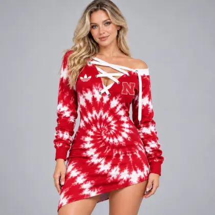 Nebraska Cornhuskers | Premium NCAA Women's Tie Dye Off Shoulder Lace Up V Neck Long Sleeve Mini Dress NDN