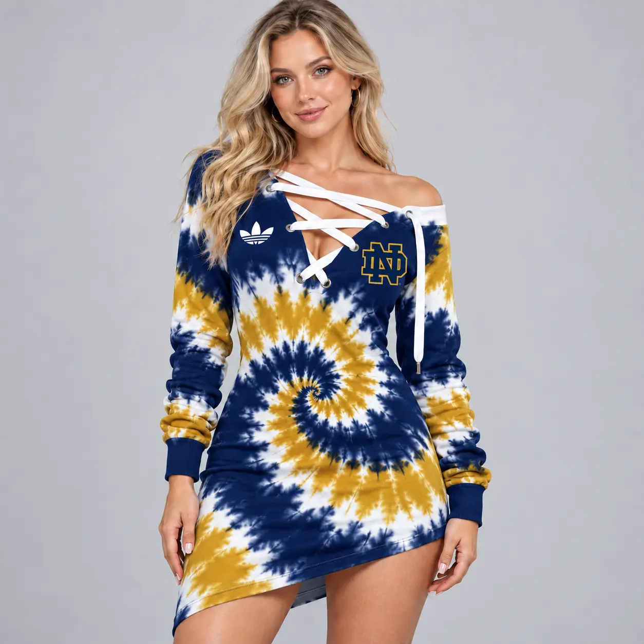 Notre Dame Fighting Irish | Premium NCAA Women's Tie Dye Off Shoulder Lace Up V Neck Long Sleeve Mini Dress NDN