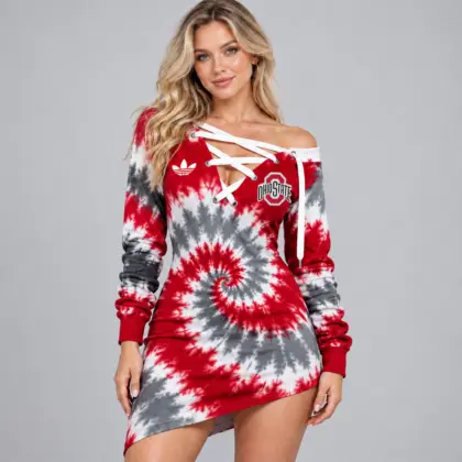 Ohio State Buckeyes | Premium NCAA Women's Tie Dye Off Shoulder Lace Up V Neck Long Sleeve Mini Dress NDN