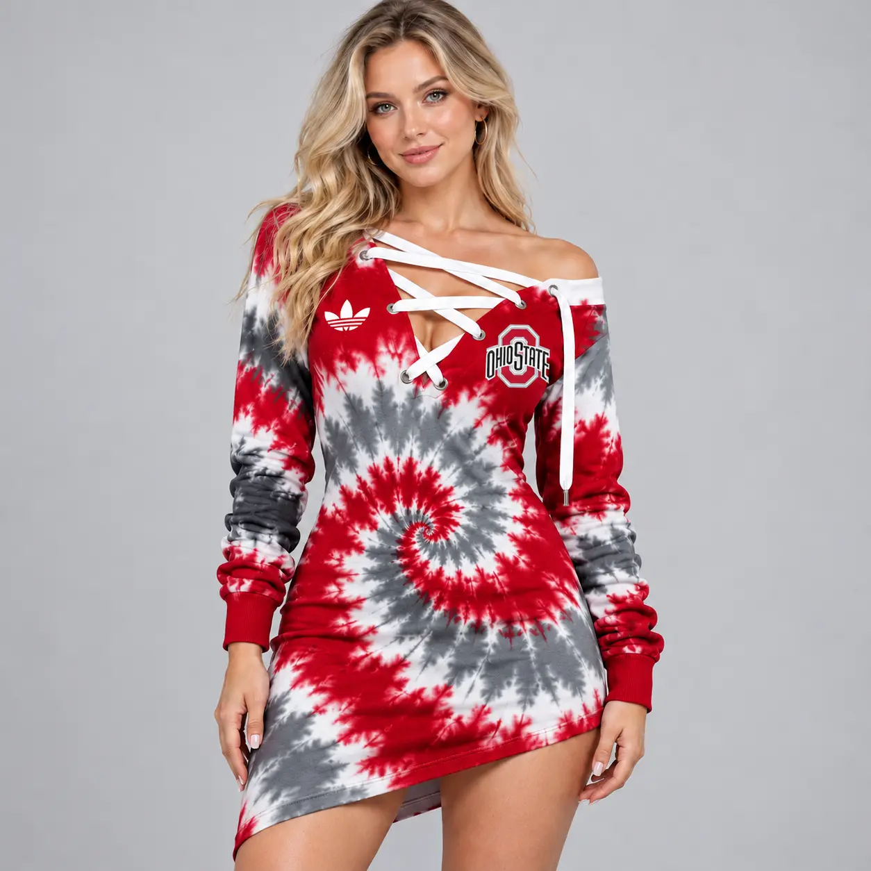 Ohio State Buckeyes | Premium NCAA Women's Tie Dye Off Shoulder Lace Up V Neck Long Sleeve Mini Dress NDN