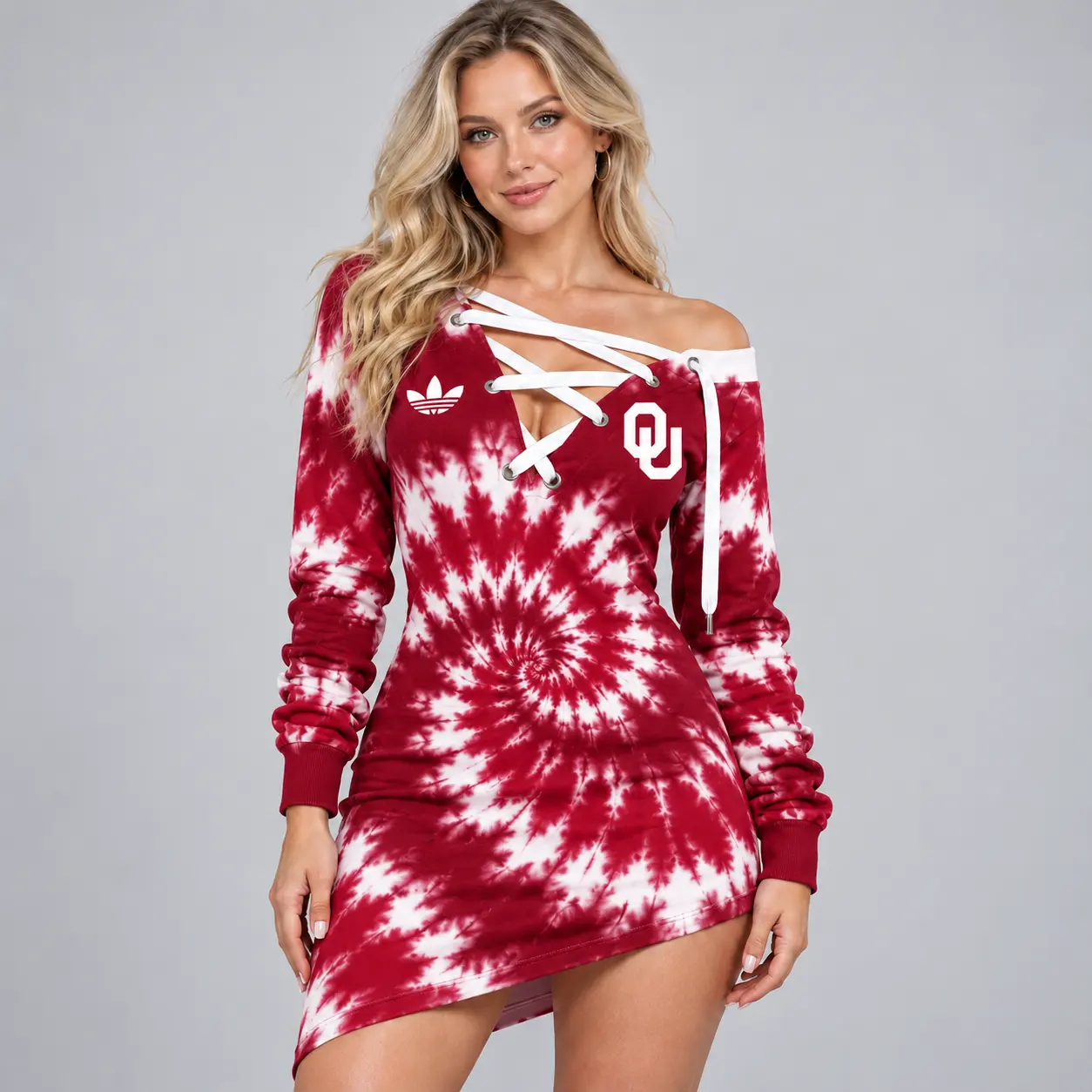 Oklahoma Sooners | Premium NCAA Women's Tie Dye Off Shoulder Lace Up V Neck Long Sleeve Mini Dress NDN