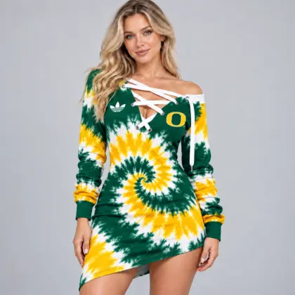 Oregon Ducks | Premium NCAA Women's Tie Dye Off Shoulder Lace Up V Neck Long Sleeve Mini Dress NDN