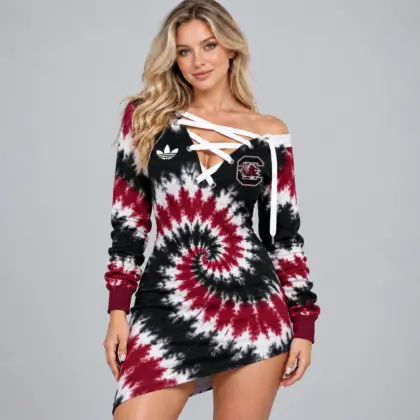 South Carolina Gamecocks | Premium NCAA Women's Tie Dye Off Shoulder Lace Up V Neck Long Sleeve Mini Dress NDN