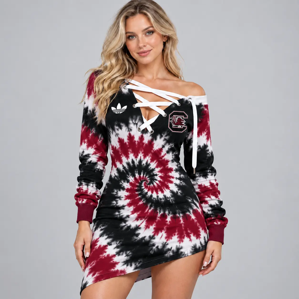 South Carolina Gamecocks | Premium NCAA Women's Tie Dye Off Shoulder Lace Up V Neck Long Sleeve Mini Dress NDN