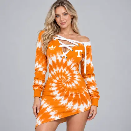 Tennessee Volunteers | Premium NCAA Women's Tie Dye Off Shoulder Lace Up V Neck Long Sleeve Mini Dress NDN