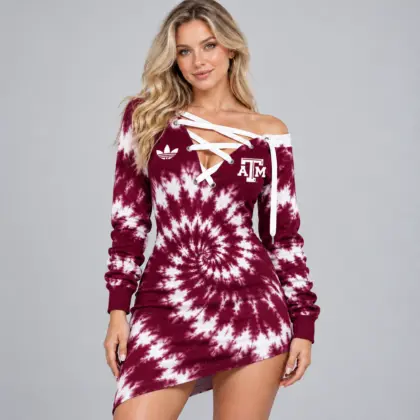 Texas A&amp;m Aggies | Premium NCAA Women's Tie Dye Off Shoulder Lace Up V Neck Long Sleeve Mini Dress NDN